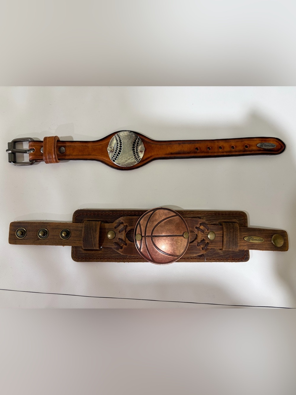 Brown Leather Sports Cuff Watch Strap with Copper Basketball Accent